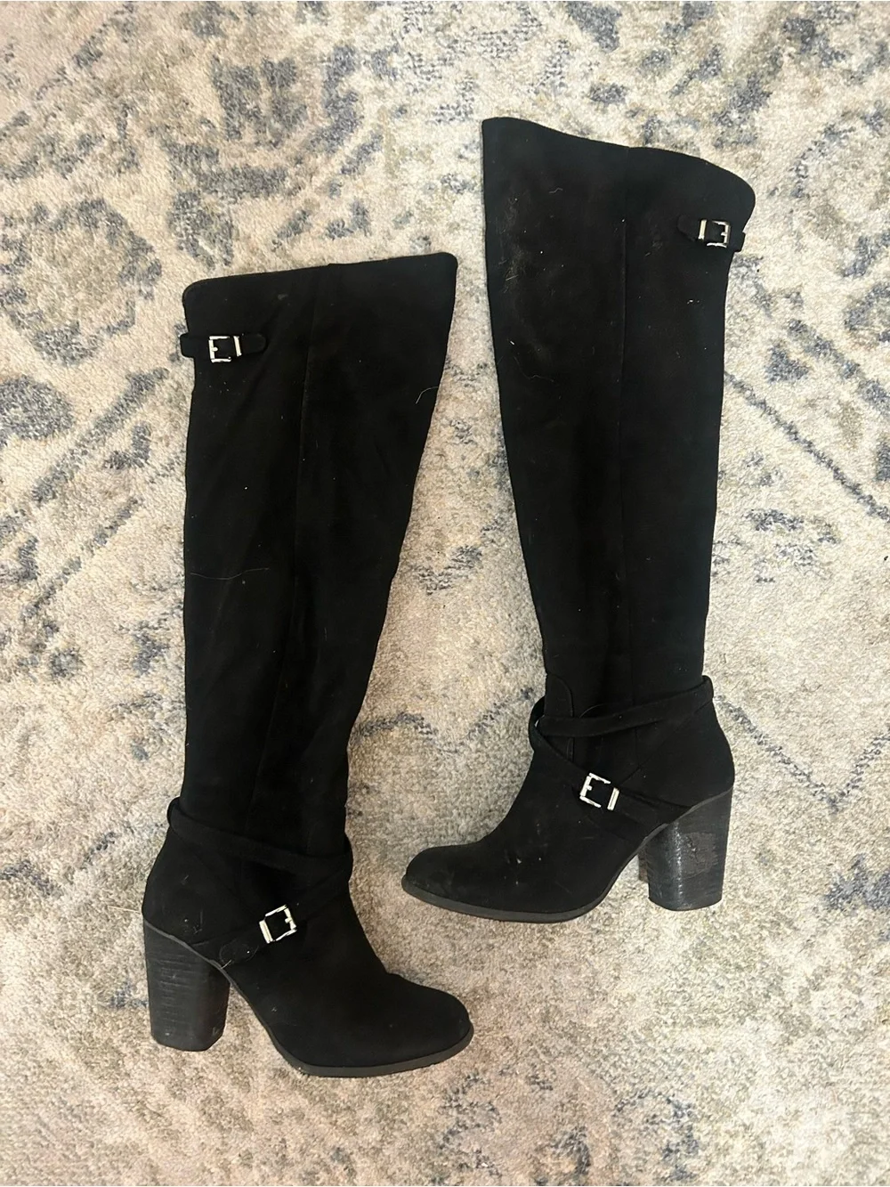 Black Suede Knee-High Heeled Boots
